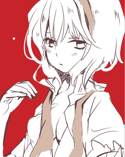 gm, alice margatroid, touhou, bad id, bad pixiv id, lowres, 1girl, blush, female focus, monochrome, open clothes, open shirt, shirt, simple background, solo, spot color, upper body