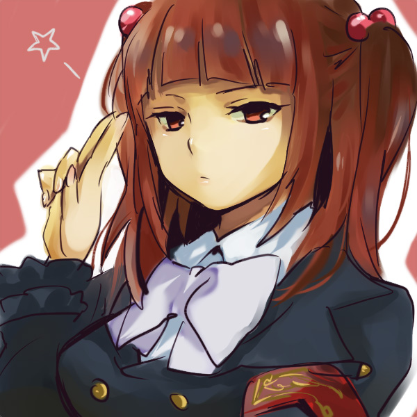 gm, ushiromiya ange, umineko no naku koro ni, bad id, bad pixiv id, 00s, 1girl, blunt bangs, brown eyes, brown hair, expressionless, female focus, hair bobbles, hair ornament, red hair, salute, solo, star (symbol), twintails, two-finger salute, two side up