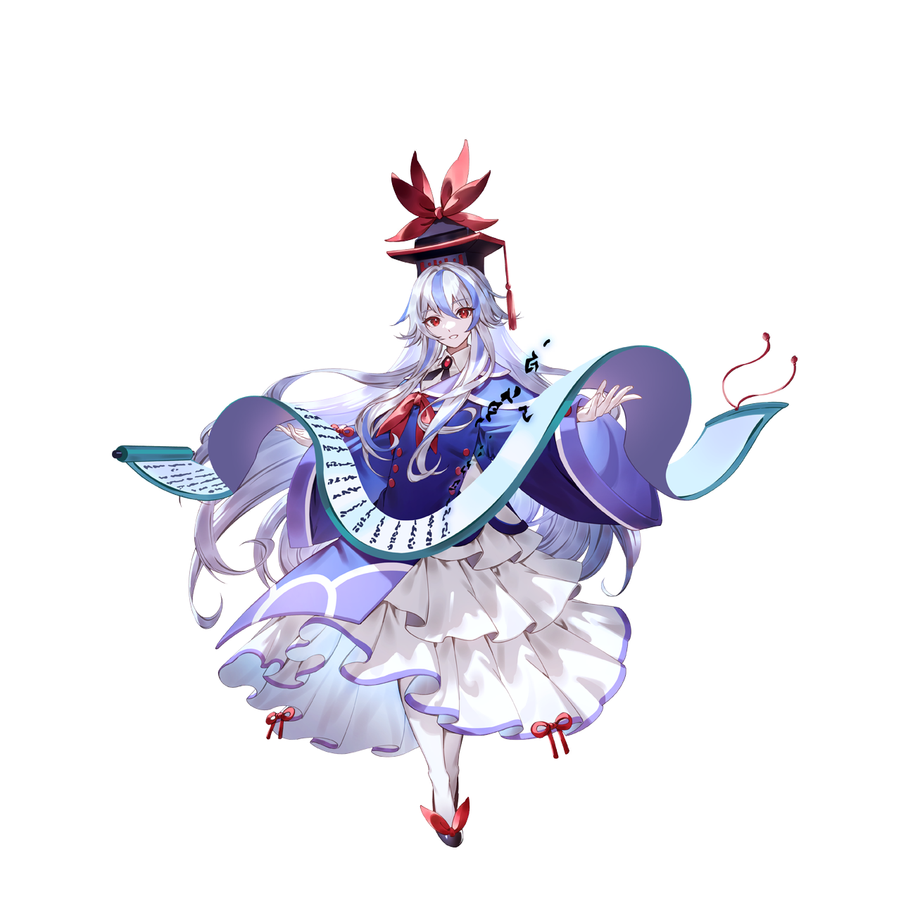 u u zan, kamishirasawa keine, touhou, touhou gensou eclipse, game cg, highres, non-web source, official art, second-party source, 1girl, adapted costume, black hat, black shoes, blue dress, blue hair, blue hat, dress, frilled dress, frills, full body, hair between eyes, hat, long hair, long sleeves, looking at viewer, multicolored hair, open mouth, pantyhose, red eyes, scroll, shoes, smile, solo, transparent background, two-tone hair, very long hair, white dress, white hair, white pantyhose, wide sleeves