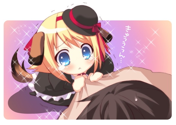 ito noizi, odoodo funny, alice parade, 1girl, animal ears, blonde hair, blue eyes, chibi, dog ears, hat, solo focus, tail, tears
