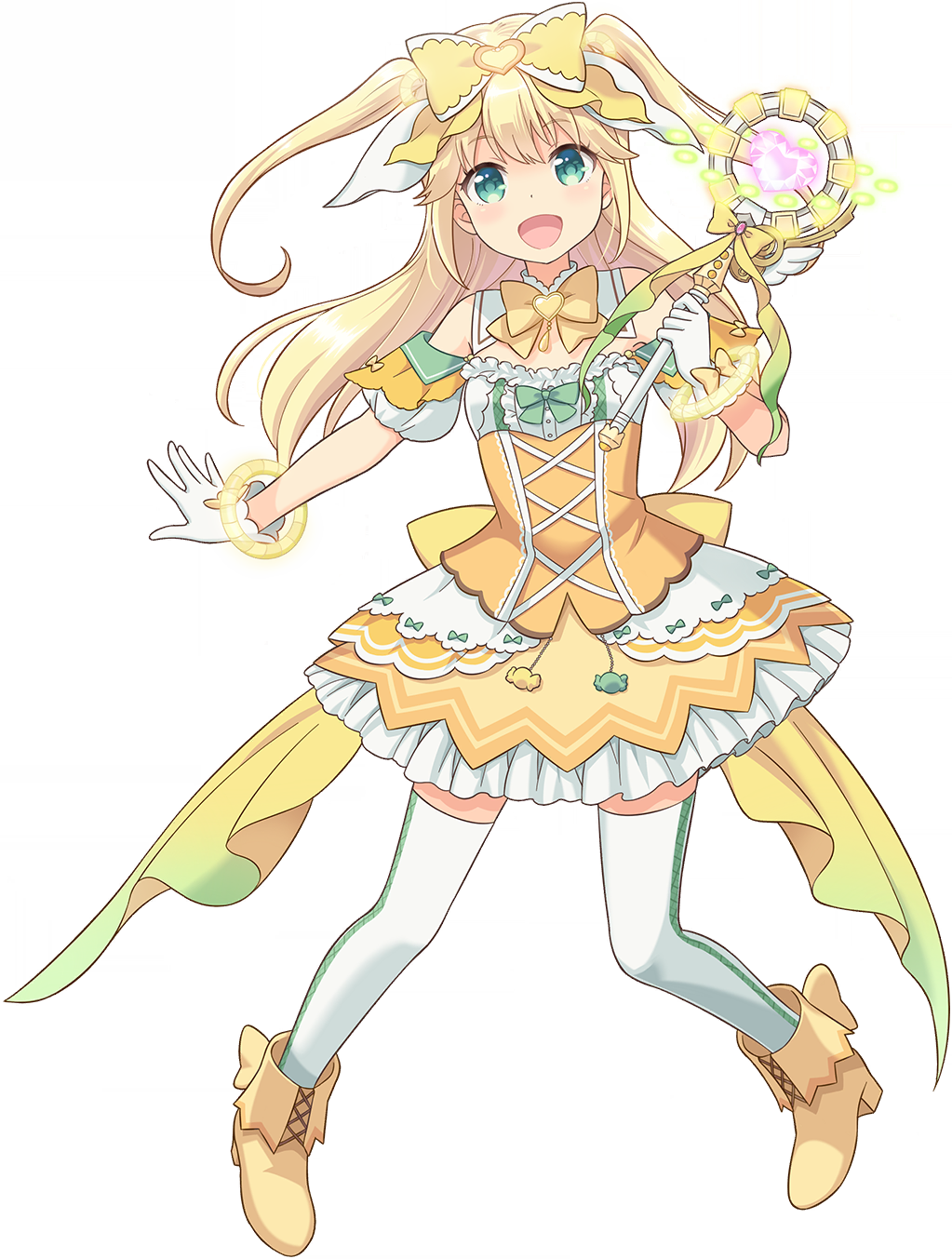 fujisawa yuzu, ongeki, game cg, highres, non-web source, official art, 1girl, :d, blush, boots, bow, bowtie, breasts, detached collar, floating hair, footwear bow, frilled skirt, frills, full body, gloves, hair bow, heart wand, holding, holding wand, large bow, legs apart, long hair, looking at viewer, magical girl, miniskirt, off-shoulder shirt, off shoulder, open mouth, puffy short sleeves, puffy sleeves, shirt, short sleeves, simple background, skirt, small breasts, smile, solo, thighhighs, transparent background, two side up, wand, white gloves, white shirt, white thighhighs, winged wand, yellow boots, yellow bow, yellow bowtie, yellow shirt, yellow skirt, zettai ryouiki