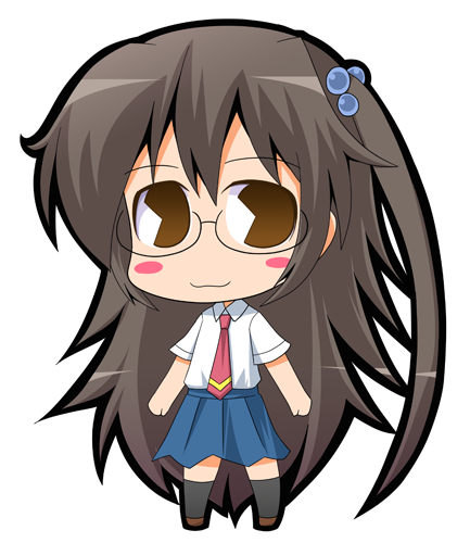 suntail, kazakiri hyouka, toaru majutsu no index, lowres, 00s, :3, blush, brown eyes, brown hair, chibi, glasses, hair bobbles, hair ornament, long hair, pac-man eyes, side ponytail, solo, very long hair