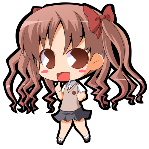 suntail, shirai kuroko, toaru kagaku no railgun, toaru majutsu no index, lowres, 00s, 1girl, :3, blush, brown eyes, brown hair, chibi, female focus, full body, hair ribbon, long hair, pac-man eyes, ribbon, school uniform, simple background, skirt, solo, sweater vest, twintails
