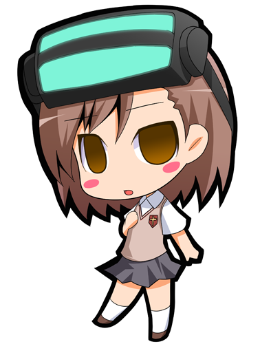 suntail, misaka imouto, toaru majutsu no index, lowres, 00s, blush, brown eyes, brown hair, chibi, empty eyes, head-mounted display, school uniform, short hair, skirt, solo, sweater vest