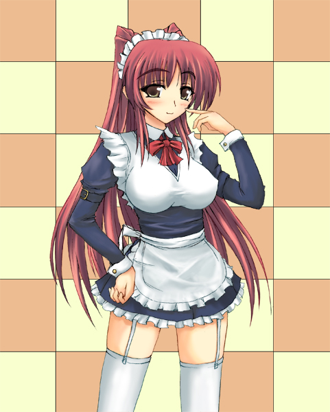 kousaka tamaki, to heart (series), to heart 2, non-web source, 00s, brown eyes, garter belt, hand on own hip, hip focus, long hair, maid, maid headdress, red hair, solo, thighhighs, twintails