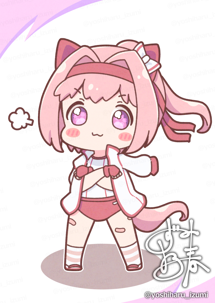 yoshiharu izumi, haru urara (bestest prize) (umamusume), haru urara (umamusume), umamusume, 1girl, animal ears, bandaid, bandaid on leg, blush, blush stickers, bow, buruma, chibi, chibi only, closed mouth, crossed arms, ear bow, ear covers, fingerless gloves, flower-shaped pupils, flower in eye, gloves, hairband, headband, horse ears, horse girl, horse tail, jacket, jacket on shoulders, long hair, looking at viewer, pink buruma, pink eyes, pink hair, pink headband, ponytail, red buruma, red gloves, red headband, shirt, smile, socks, solo, striped clothes, striped socks, symbol-shaped pupils, symbol in eye, tail, white jacket, white shirt