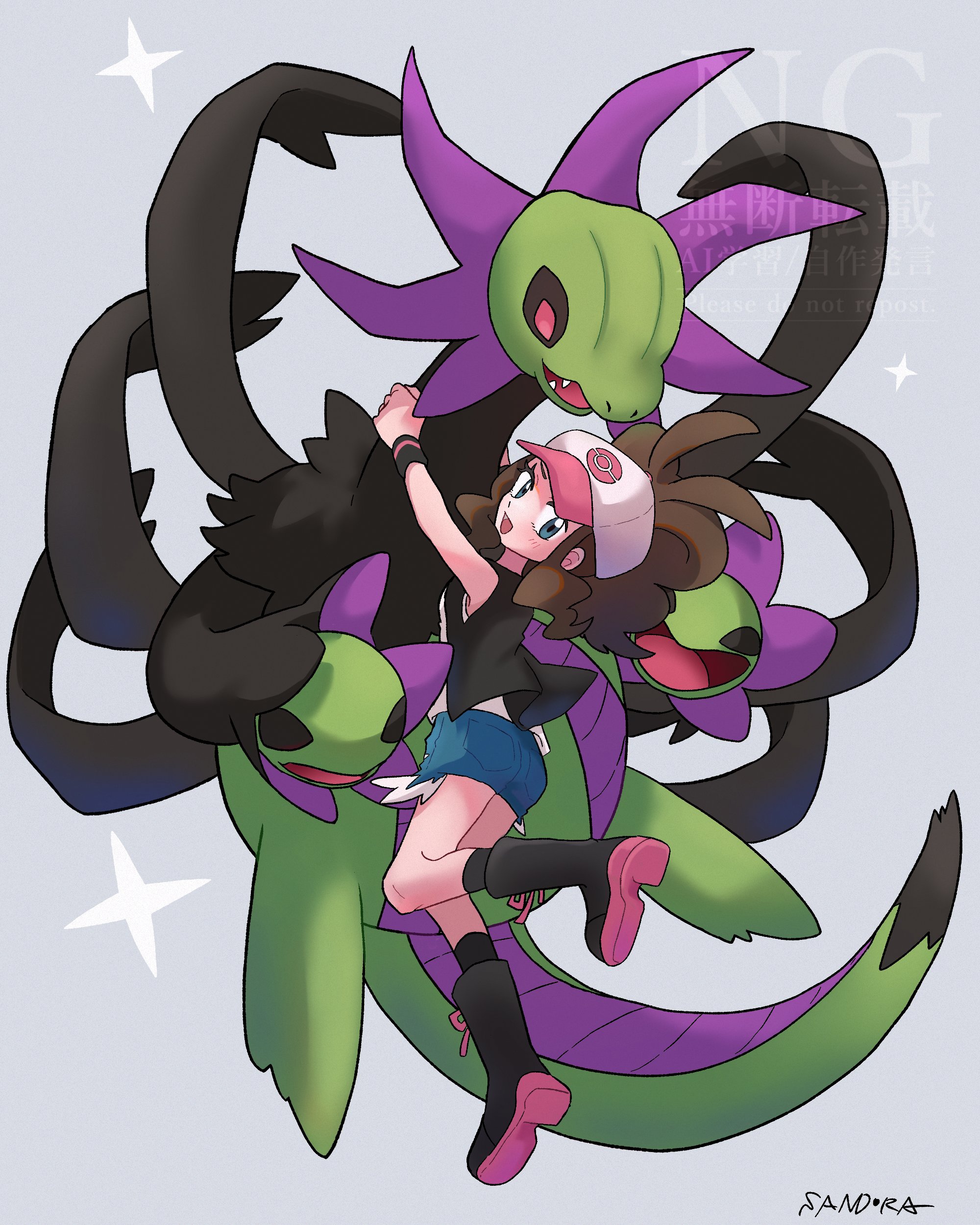 sandora (karugamo no e), hilda (pokemon), hydreigon, nintendo, pokemon, pokemon bw, absurdres, highres, 1girl, alternate color, baseball cap, black boots, black sclera, black socks, black vest, blue eyes, boots, brown hair, colored sclera, cutoffs, denim, denim shorts, dragon, exposed pocket, fangs, gen 5 pokemon, hat, high ponytail, long hair, multiple heads, open clothes, open mouth, open vest, poke ball print, pokemon (creature), ponytail, red eyes, shiny pokemon, shirt, short shorts, shorts, sidelocks, smile, socks, star (symbol), vest, white shirt, wristband