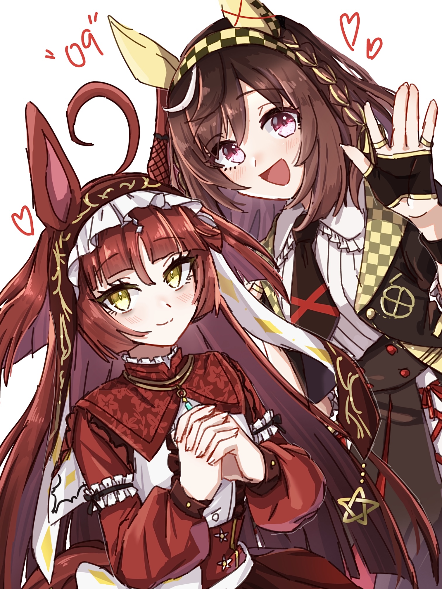 hide oo, buena vista (umamusume), red desire (umamusume), umamusume, highres, 2girls, ahoge, animal ears, black gloves, black necktie, blunt bangs, blunt ends, blunt sidelocks, blush, braid, breasts, brown hair, brown headdress, closed mouth, dress, ear covers, fingerless gloves, gloves, hair between eyes, hair ornament, hairband, headband, heart, horse ears, horse girl, horse tail, jacket, jewelry, long hair, long sleeves, looking at viewer, medium hair, multicolored hair, multiple girls, multiple rings, necktie, open mouth, purple eyes, red dress, red hair, red hairband, red headdress, ring, shirt, sidelocks, simple background, skirt, smile, star ornament, streaked hair, tail, waving, white background, white hair, white shirt, yellow eyes
