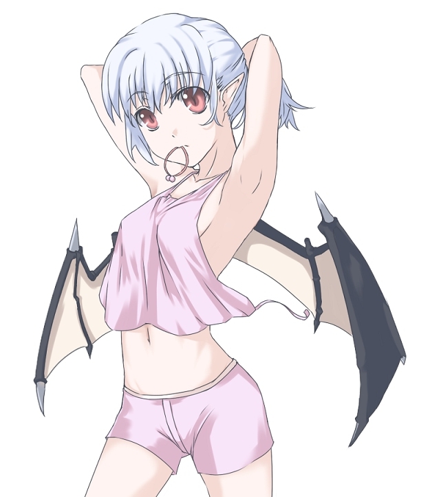 remilia scarlet, touhou, non-web source, 1girl, alternate hairstyle, armpits, blue hair, female focus, navel, no bra, red eyes, simple background, solo, standing, white background, wings