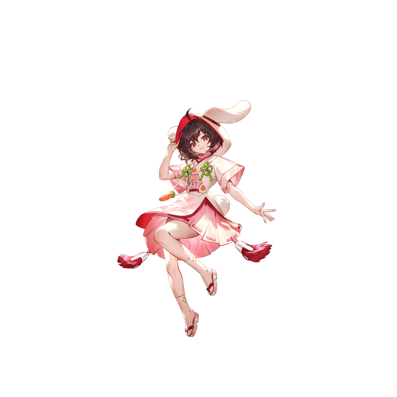 u u zan, inaba tewi, touhou, touhou gensou eclipse, game cg, highres, non-web source, official art, second-party source, 1girl, :3, ahoge, alternate costume, animal ears, bamboo, black hair, brown hair, carrot, closed mouth, dress, ears through headwear, floppy ears, full body, hood, hood up, looking at viewer, pink dress, rabbit, rabbit ears, rabbit girl, rabbit tail, red eyes, ribbon trim, sandals, short sleeves, smile, socks, solo, tail, tassel, transparent background, white socks, zouri
