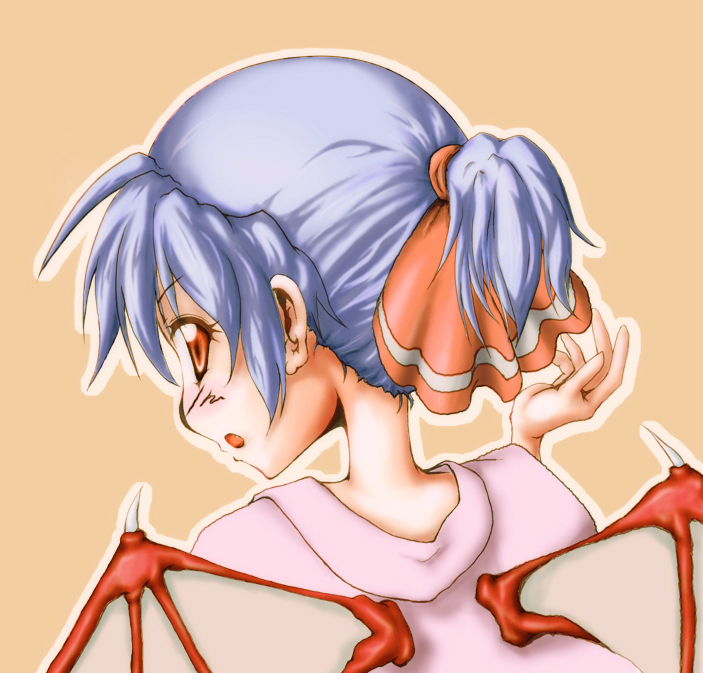 remilia scarlet, touhou, 1girl, alternate hairstyle, blue hair, female focus, red eyes, ribbon, simple background, solo, wings