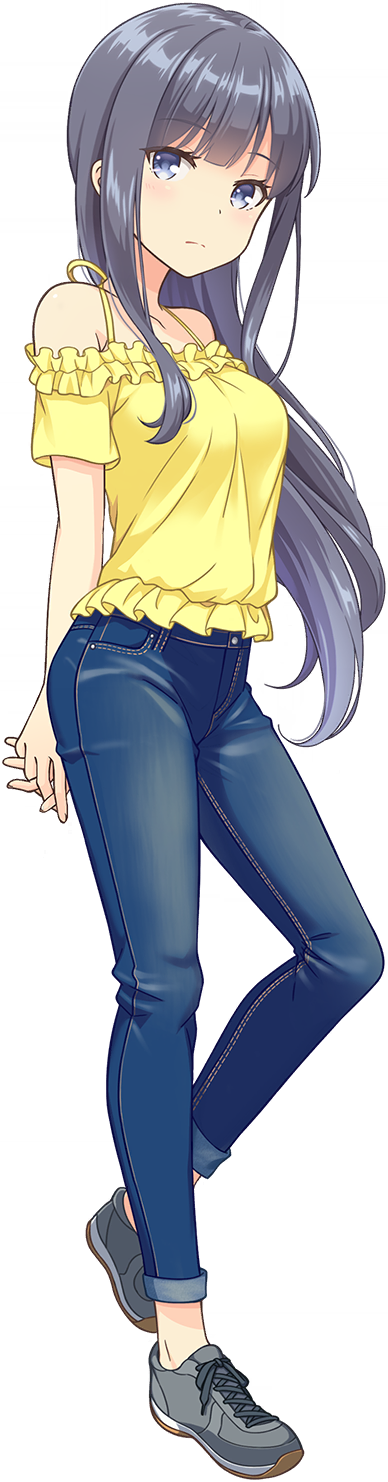 misumi aoi, ongeki, skinny jeans, game cg, highres, non-web source, official art, arms behind back, black hair, blue eyes, blue pants, blush, breasts, closed mouth, denim, dot nose, frilled shirt, frills, grey shoes, interlocked fingers, jeans, long hair, looking at viewer, medium breasts, off-shoulder shirt, off shoulder, own hands together, pants, shirt, shoes, short sleeves, sidelocks, simple background, sneakers, split mouth, standing, standing on one leg, straight hair, transparent background, white shirt