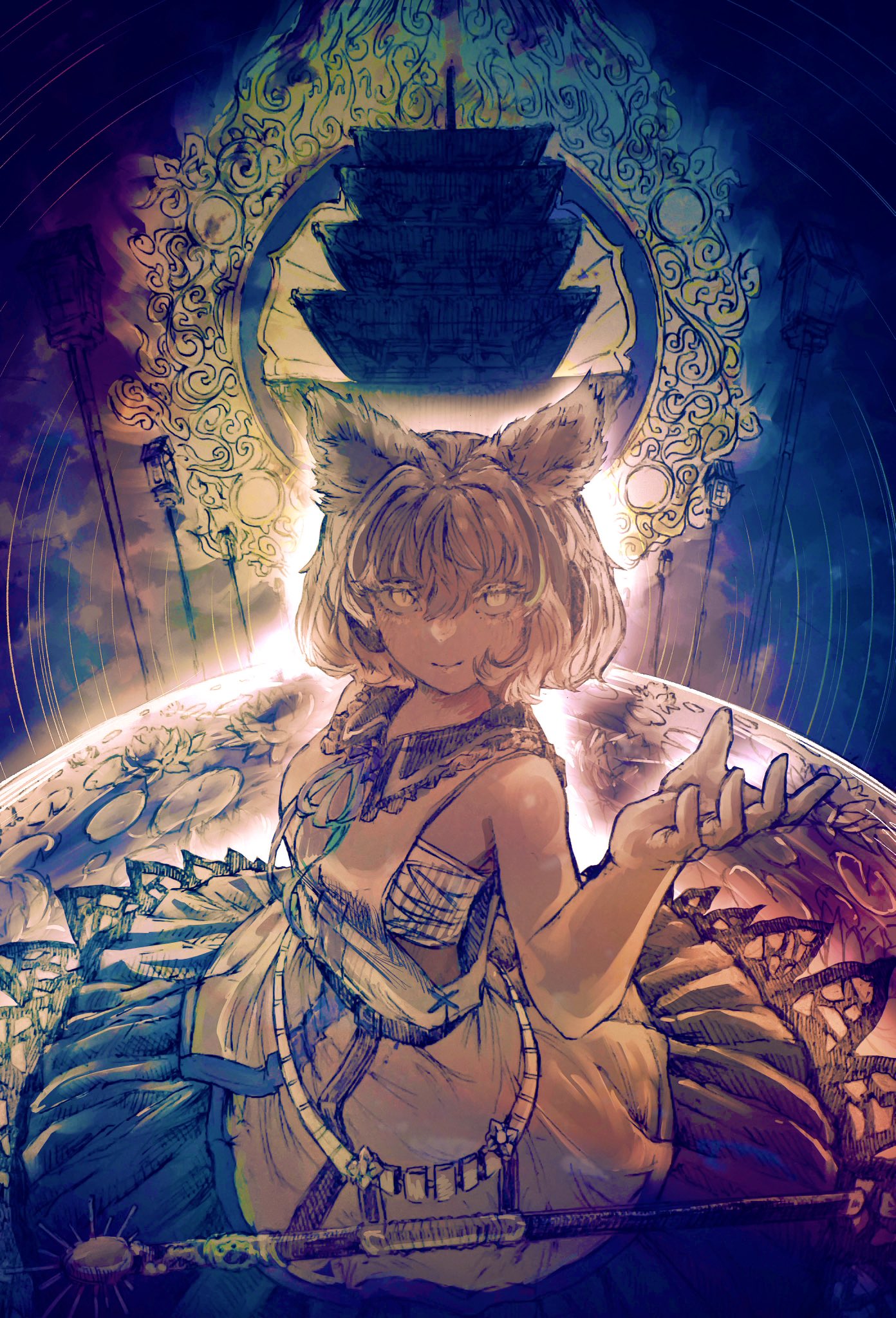 umaieokakitai, toyosatomimi no miko, touhou, highres, 1girl, backlighting, breasts, chest sarashi, lily pad, limited palette, looking at viewer, outstretched arm, pointy hair, sarashi, scabbard, sheath, shirt, short hair, sideboob, skirt, sleeveless, sleeveless shirt, smile, solo, water