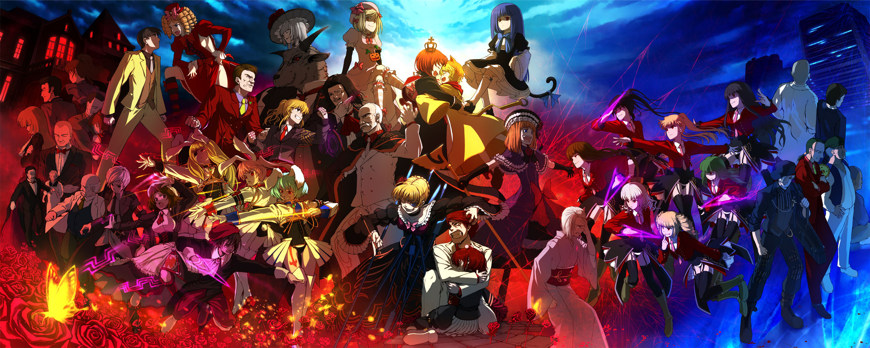 lain, amakusa juuza, asmodeus (umineko), beatrice (umineko), beelzebub (umineko), belphegor (umineko), captain kawabata, chiester00, chiester410, chiester45, chiester sisters, eva beatrice, frederica bernkastel, gaap (umineko), goatman (umineko), gouda toshirou, kanon (umineko), kumasawa chiyo, kumasawa sabakichi, lambdadelta, leviathan (umineko), lucifer (umineko), mammon (umineko), maria (umineko), nanjou masayuki, nanjou terumasa, okonogi tetsurou, professor ootsuki, ronoue genji, ronove (umineko), sakutarou (umineko), satan (umineko), shannon (umineko), stakes of purgatory, sumadera kasumi, ushiromiya ange, ushiromiya battler, ushiromiya eva, ushiromiya george, ushiromiya hideyoshi, ushiromiya jessica, ushiromiya kinzou, ushiromiya krauss, ushiromiya kyrie, ushiromiya natsuhi, ushiromiya rosa, ushiromiya rudolf, virgilia (umineko), 07th expansion, no naku koro ni (series), umineko no naku koro ni, highres, long image, md5 mismatch, resolution mismatch, source larger, wide image, 00s, 6+boys, 6+girls, absolutely everyone, animal ears, black hair, blonde hair, blood, blue hair, brown hair, bug, butterfly, dress, drill hair, everyone, eyepatch, flower, formal clothes, frills, green hair, hair bobbles, hair ornament, hat, insect, kiseru, kneehighs, long hair, mini hat, mini top hat, monocle, multiple boys, multiple girls, necktie, orange hair, pink hair, pink necktie, polearm, red hair, rose, short hair, showgirl skirt, side ponytail, skirt, smoking pipe, socks, spear, suit, thighhighs, top hat, weapon, white hair