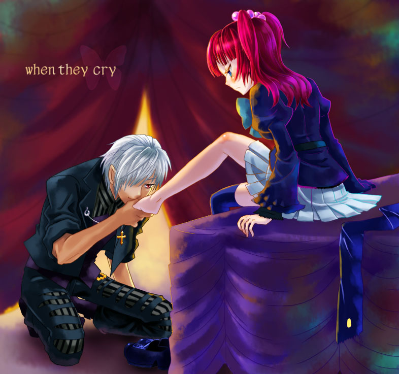 hatsujiru, natsujirushi, amakusa juuza, ushiromiya ange, umineko no naku koro ni, silver hair, 00s, 1boy, 1girl, asymmetrical clothes, barefoot, blue eyes, blush, bow, bug, butterfly, couple, cross, curtains, feet, femdom, foot worship, hair bobbles, hair ornament, hetero, insect, jewelry, kiss, kissing foot, kneeling, licking, licking foot, pendant, pleated skirt, red eyes, red hair, single thighhigh, skirt, thighhighs, twintails
