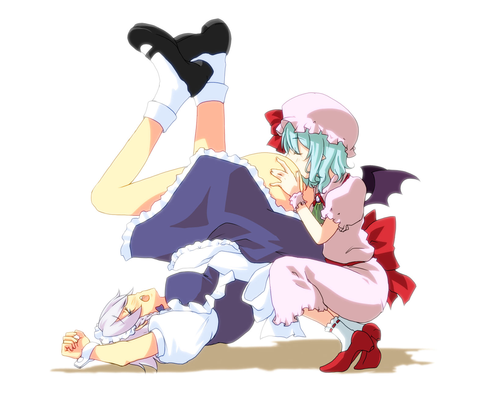 unk, izayoi sakuya, remilia scarlet, touhou, silver hair, bad id, bad pixiv id, highres, 2girls, age difference, ass, bat wings, bdsm, blue eyes, blue hair, bondage, bound, braid, cunnilingus, hat, high heels, loli, maid, multiple girls, onee-loli, oral, pointy ears, ribbon, shoes, short hair, wings, yuri