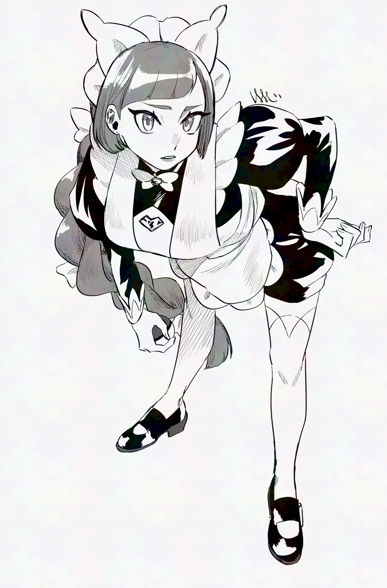 lebanne (pokemon), nintendo, pokemon, pokemon legends: z-a, highres, 1girl, apron, braid, braided ponytail, hand on own hip, imj std, leaning, long hair, long sleeves, maid, maid apron, maid headdress, monochrome, puffy sleeves, solo, standing, thick eyebrows, thighhighs