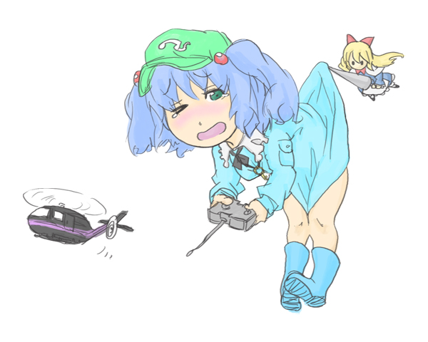 kawashiro nitori, shanghai doll, touhou, 2girls, aircraft, backpack, bag, blue hair, doll, female focus, green eyes, hair bobbles, hair ornament, hat, helicopter, multiple girls, randoseru, tears, two side up