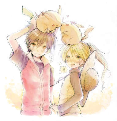 nire, nire (scissors), chuchu (pokemon), pika (pokemon), pikachu, red (pokemon), yellow (pokemon), nintendo, pokemon, pokemon adventures, lowres, 1boy, 1girl, blonde hair, blush, brown hair, gen 1 pokemon, hat, hetero, kiss, pokemon (creature), ponytail, straw hat, yellow eyes