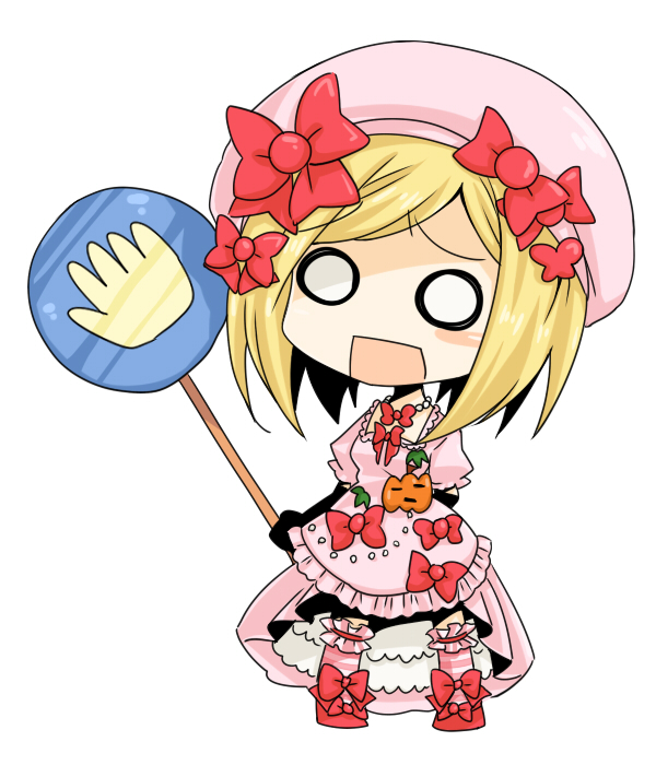 niji (nijioki), lambdadelta, umineko no naku koro ni, 00s, 1girl, blonde hair, chibi, female focus, hat, o o, pink hat, ribbon, sign, solo