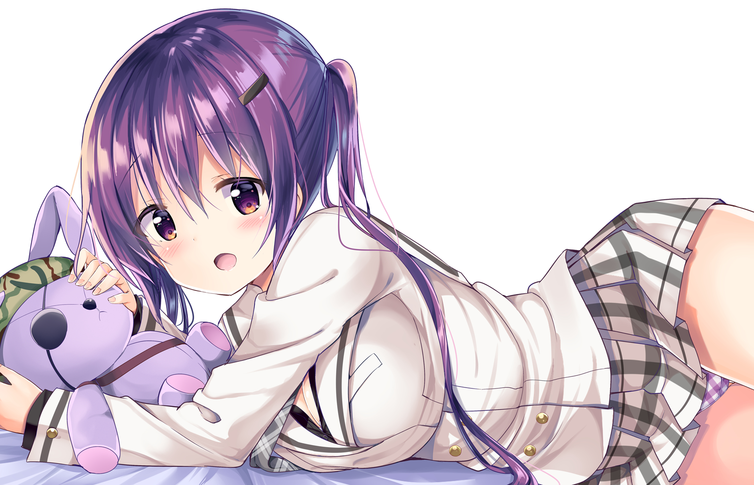 kurou (quadruple zero), tedeza rize, gochuumon wa usagi desu ka?, commentary request, 1girl, :d, bed sheet, eyepatch, hair ornament, hairclip, jacket, long hair, long sleeves, looking at viewer, lying, necktie, on side, open mouth, panties, pantyshot, plaid clothes, plaid necktie, plaid panties, pleated skirt, purple eyes, purple hair, school uniform, simple background, skirt, smile, solo, stuffed animal, stuffed rabbit, stuffed toy, tedeza rize's school uniform, twintails, underwear, white background, white jacket
