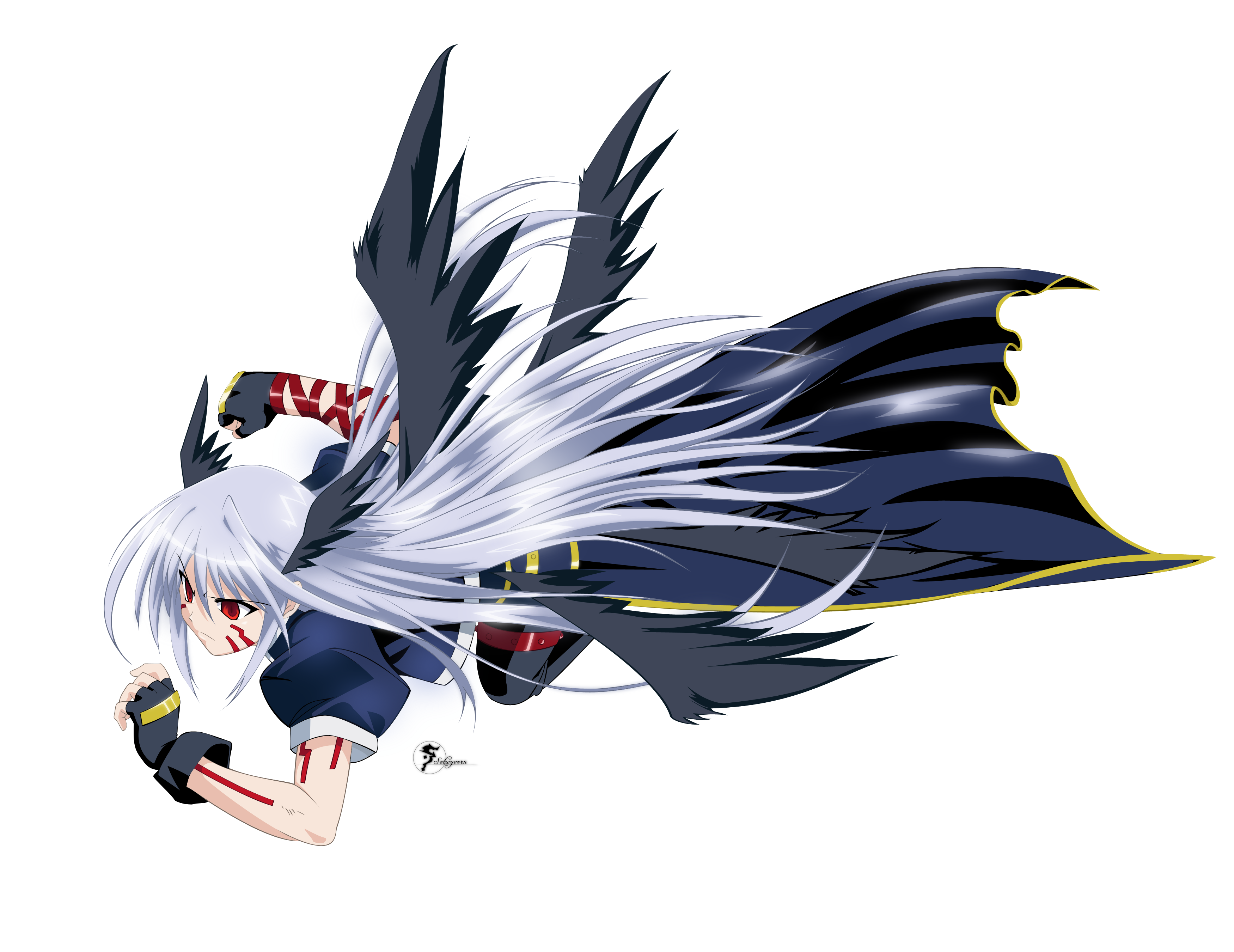 solwyvern, reinforce, lyrical nanoha, mahou shoujo lyrical nanoha, mahou shoujo lyrical nanoha a's, silver hair, absurdres, derivative work, highres, vector trace, 00s, 1girl, black wings, cape, facial mark, female focus, fingerless gloves, gloves, head wings, long hair, multiple wings, red eyes, solo, thighhighs, very long hair, waist cape, wings