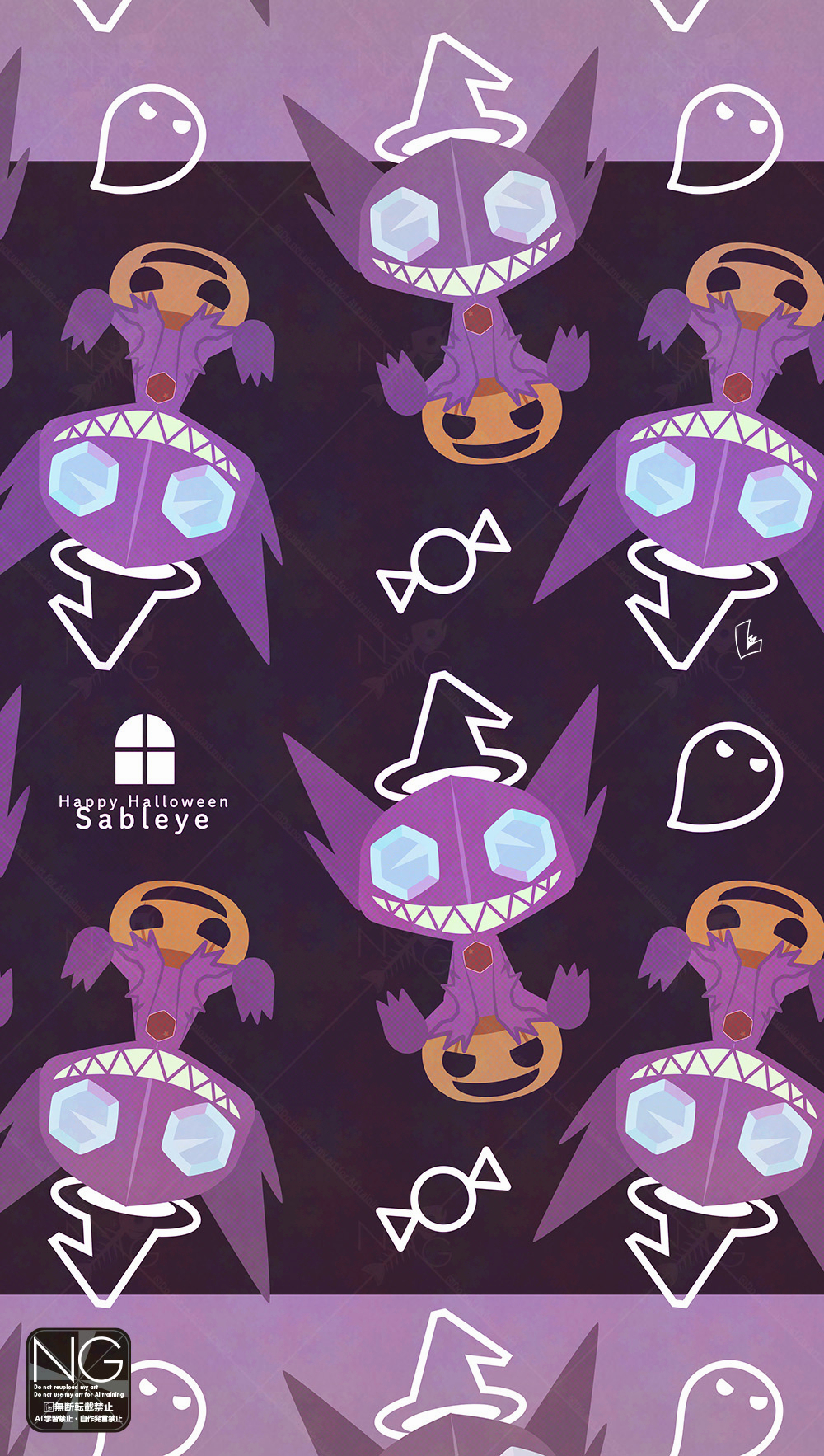meme (sleepsheep), sableye, nintendo, pokemon, highres, blue eyes, candy, colored skin, food, gem, gen 3 pokemon, ghost, halloween, hat, looking at viewer, no humans, open mouth, pokemon (creature), pokemon focus, pumpkin, purple skin, red gemstone, shadow, sharp teeth, smile, teeth, upside-down, witch hat