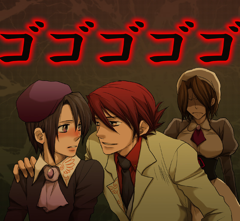 smile (artist), kanon (umineko), shannon (umineko), ushiromiya battler, umineko no naku koro ni, bad id, bad pixiv id, bad source, 00s, 1girl, 2boys, blush, hat, multiple boys, necktie