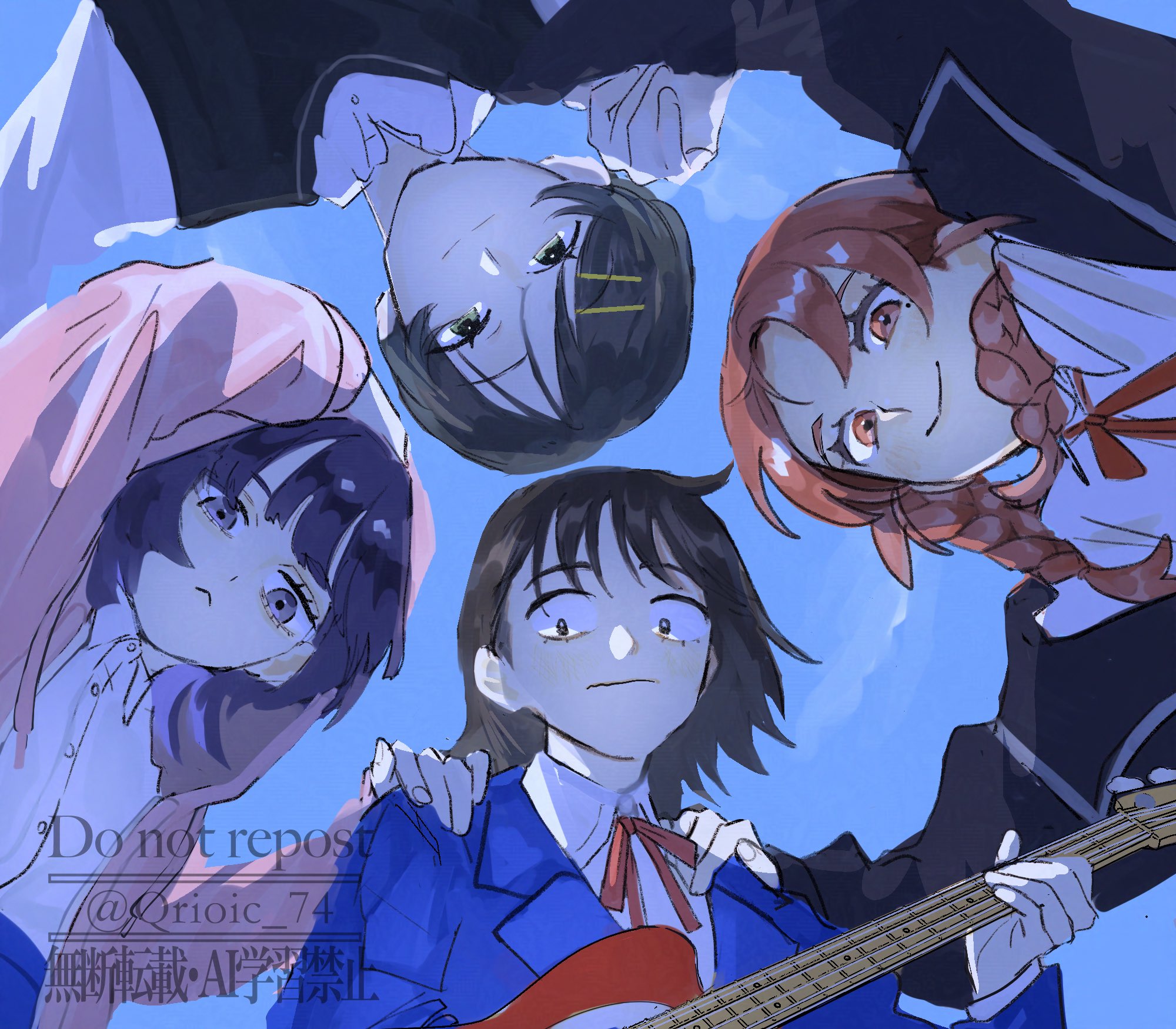 qrioic74, fujii ayame, hatono chihiro, heartbreak (futsuu no keion-bu), kouyama rin, uchida momo, futsuu no keion-bu, braided twintails, small pupils, highres, 4girls, :<, black eyes, black hair, black jacket, black sweater vest, blazer, blue jacket, blue sky, braid, brown eyes, brown hair, circle formation, closed mouth, collared shirt, electric guitar, from below, green eyes, guitar, hair ornament, hairpin, hand on another's shoulder, holding, holding guitar, holding instrument, hood, hood up, hooded jacket, instrument, jacket, multiple girls, neck ribbon, outdoors, pink jacket, pixie cut, purple eyes, purple hair, red ribbon, ribbon, school uniform, shirt, short hair, sky, sweater vest, twin braids, watermark, white shirt