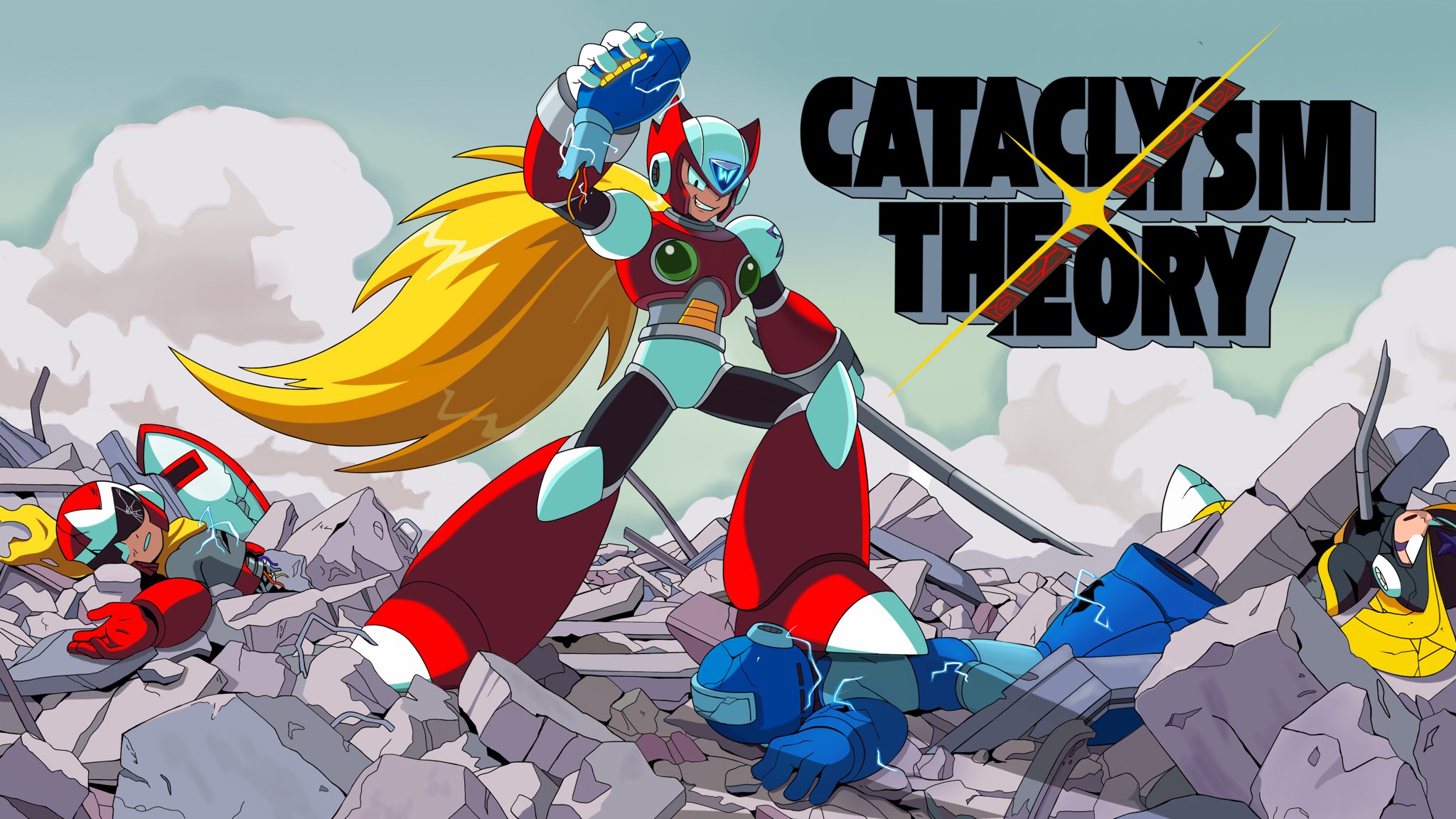 sprinqgueen, bass (mega man), mega man (character), proto man, zero (mega man), mega man (classic), mega man (series), mega man x (series), commission, highres, 4boys, amputee, android, arm cannon, armor, battle damage, black armor, black helmet, blonde hair, blue bodysuit, blue gloves, blue helmet, bodysuit, brothers, chest jewel, clenched teeth, damaged, death, facial mark, feet on another's head, forehead jewel, gloves, grey bodysuit, helmet, holding, holding lead pipe, jewelry, lead pipe, long hair, looking back, male focus, mega man unlimited, multiple boys, ponytail, red armor, red gloves, red helmet, robot, scarf, shield, siblings, teeth, very long hair, weapon, white gloves, wreckage, yellow scarf