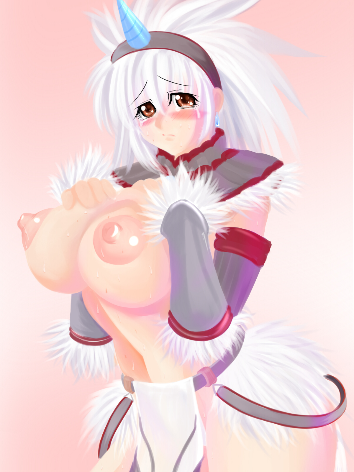 capcom, monster hunter (series), highres, blush, breasts, covered erect nipples, hairband, horns, kirin (armor), large breasts, nipples, puffy nipples, single horn, tears, white hair
