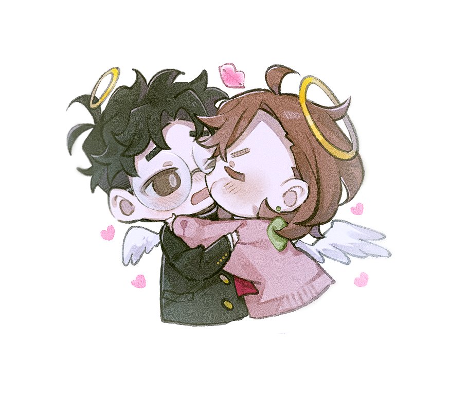 comimingming, ayase momo, takakura ken (dandadan), dandadan, 1boy, 1girl, ahoge, angel wings, black hair, black jacket, blush, brown eyes, brown hair, chibi, chibi only, closed eyes, couple, cropped torso, earrings, furrowed brow, gakuran, glasses, gold buttons, hair between eyes, halo, hetero, hug, jacket, jewelry, kiss, medium hair, nose blush, open mouth, parted bangs, pink sweater, round eyewear, school uniform, shirt tug, short hair, sweater, upper body, white background, wings