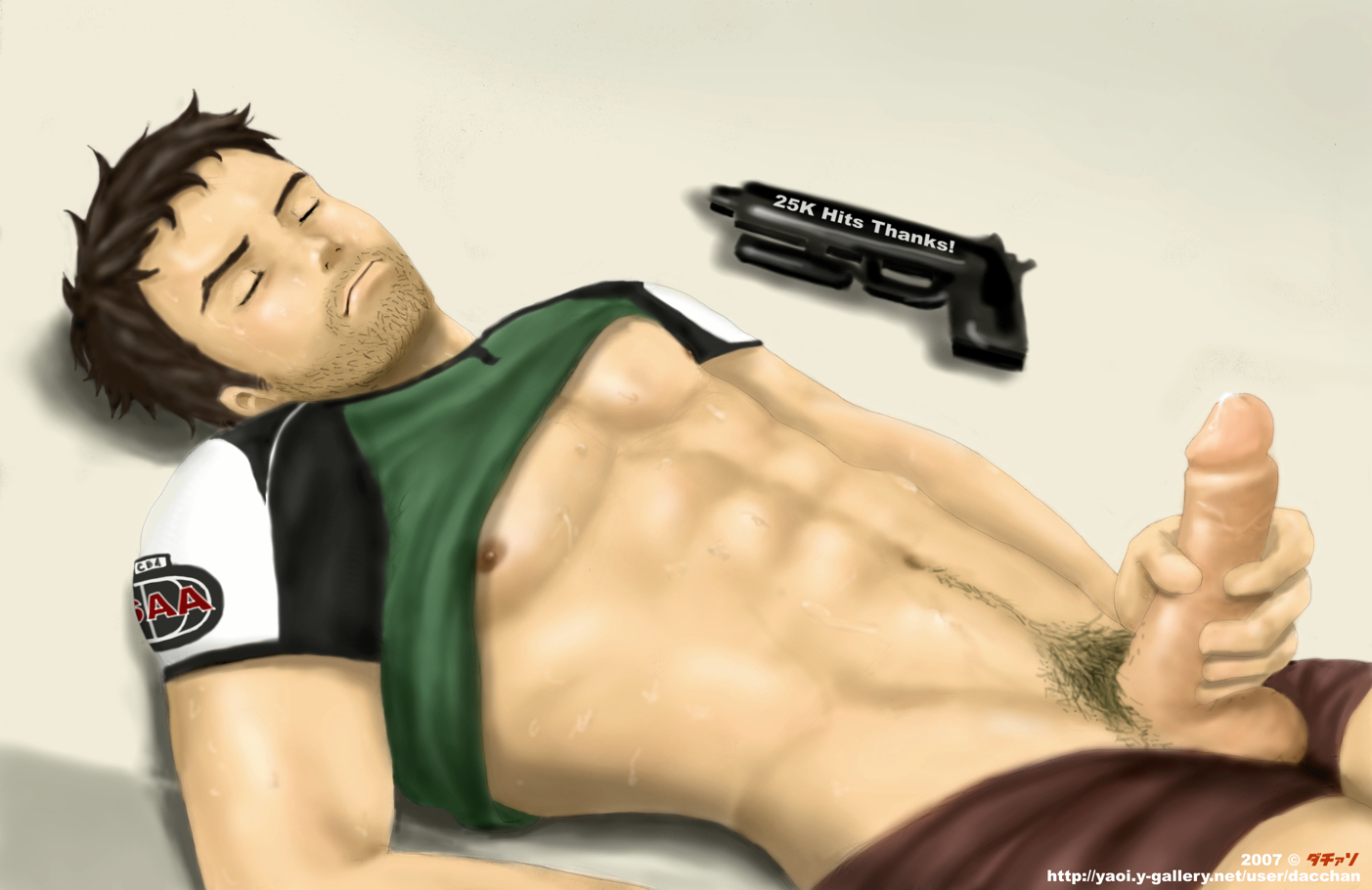 dacchan, chris redfield, resident evil, beard, facial hair, gun, masturbation, nipples, nude, penis, sweat, weapon