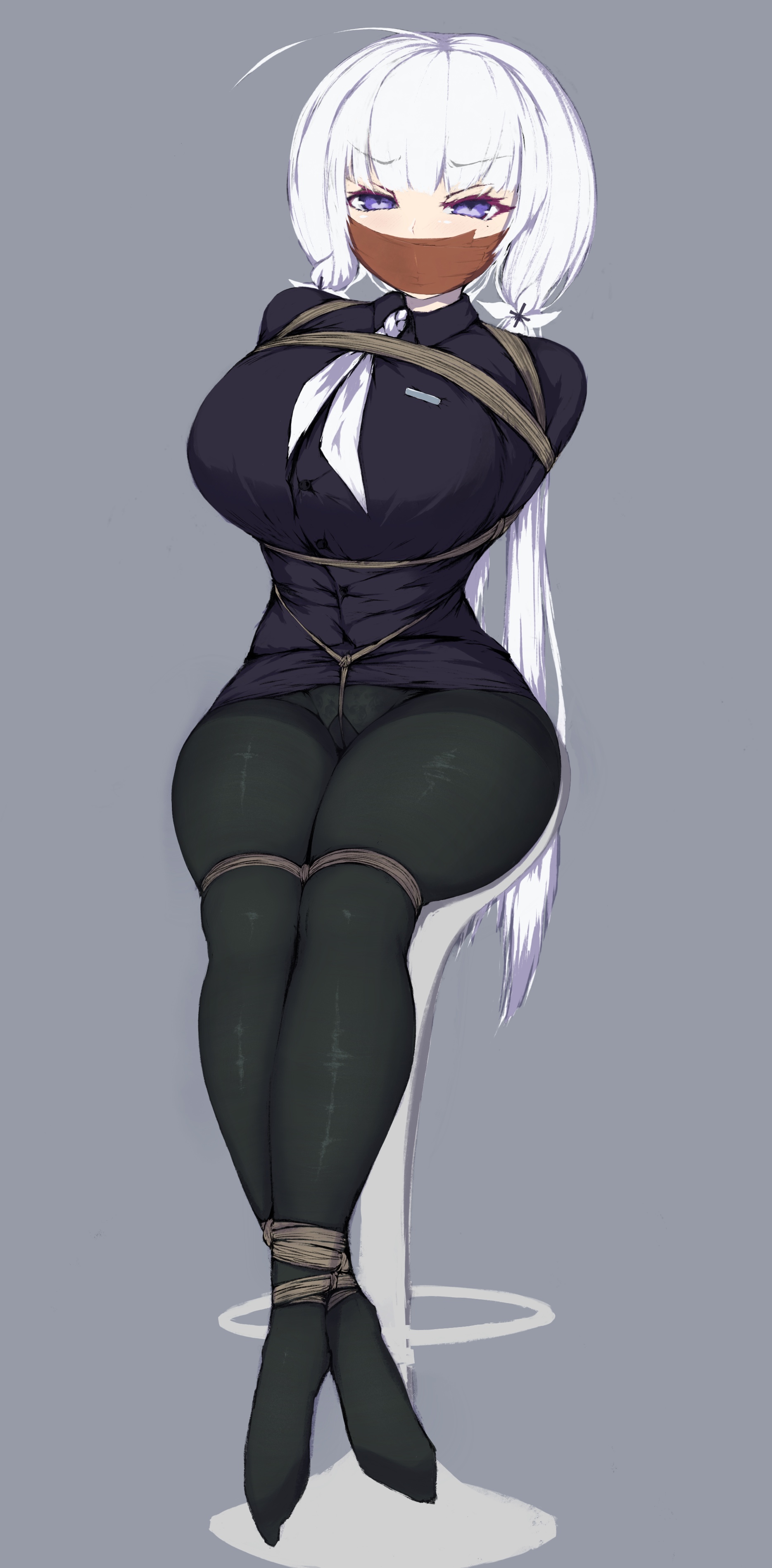 ameng (katena1990), illustrious (azur lane), azur lane, absurdres, highres, 1girl, bdsm, black jacket, black pantyhose, black skirt, blue eyes, bondage, bound, breasts, crotch rope, curvy, gag, gagged, grey background, improvised gag, jacket, large breasts, miniskirt, no shoes, pantyhose, pencil skirt, shibari, shibari over clothes, simple background, sitting, skirt, solo, tape, tape gag, white hair