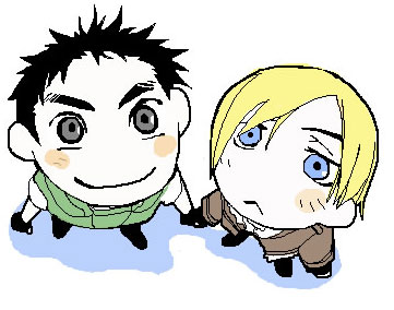 chris redfield, leon s. kennedy, resident evil, eyebrows, lowres, 2boys, blonde hair, blue eyes, blush, chibi, grey eyes, male focus, moe (phrase), multiple boys, smile