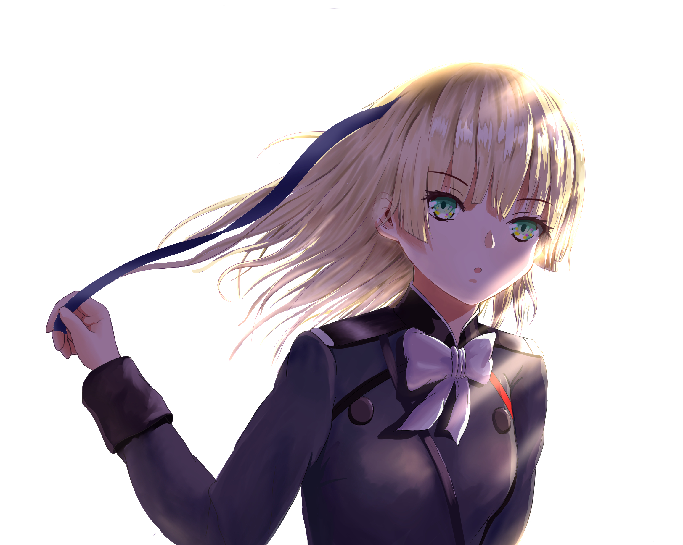 nanase nanami (heaven burns red), heaven burns red, highres, 1girl, :o, blonde hair, blue ribbon, bow, bowtie, floating hair, green eyes, hair down, hair ribbon, holding, holding ribbon, jacket, kokoroa, long hair, long sleeves, looking at viewer, military, military uniform, open mouth, ribbon, simple background, solo, upper body, white background, white bow