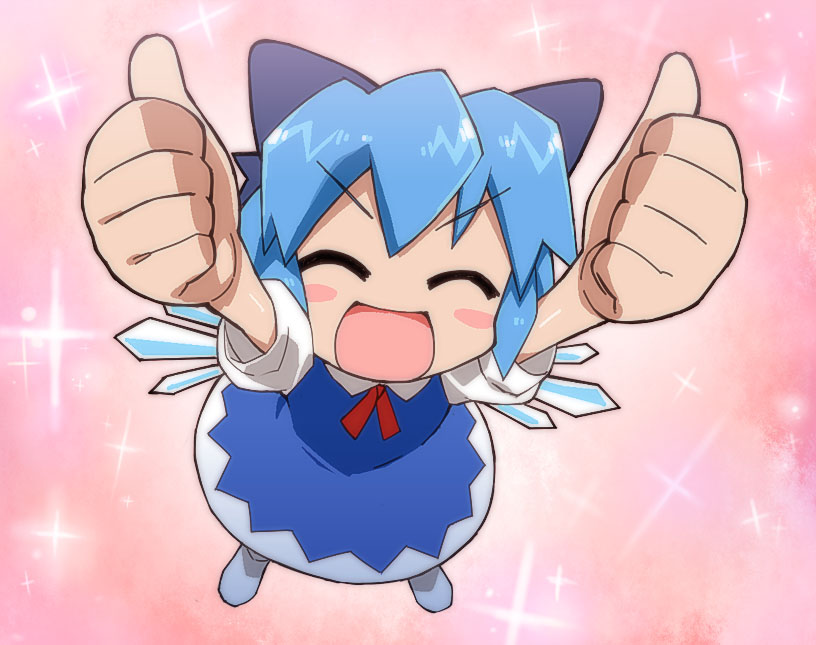 tonbi, cirno, embodiment of scarlet devil, touhou, bad id, bad pixiv id, 1girl, bishie sparkle, blue hair, dress, female focus, foreshortening, full body, gradient background, hair ribbon, meme, neta, ribbon, solo, thumbs up, uso desu