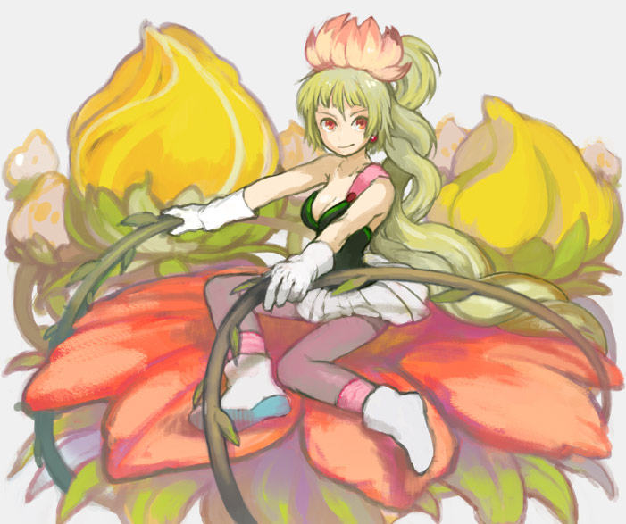 boots, earrings, flower, gloves, green hair, jewelry, leaf, long hair, monster girl, pantyhose, petals, plant girl, red eyes, skirt, smile, solo