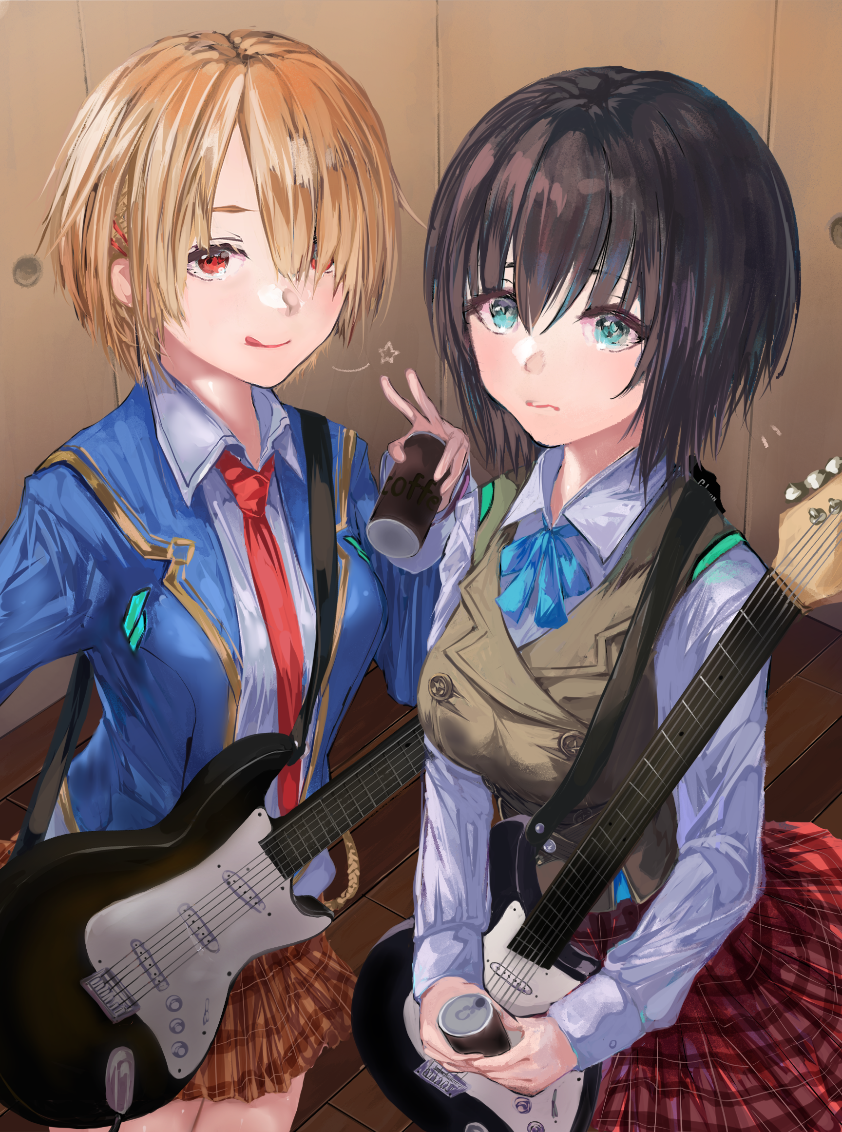 fuuka koji, aoi erika, kayamori ruka, heaven burns red, highres, 2girls, :q, black hair, blazer, blonde hair, blue bow, blue eyes, blue jacket, blue ribbon, blush, bow, bowtie, breasts, brown hair, brown skirt, brown vest, buttons, can, closed mouth, collared shirt, drink, drink can, electric guitar, flying sweatdrops, green eyes, guitar, guitar strap, hair ornament, hair over one eye, hairclip, holding, holding can, holding drink, holding instrument, indoors, instrument, jacket, long sleeves, looking at viewer, medium breasts, multiple girls, necktie, one eye covered, open clothes, open jacket, plaid clothes, plaid skirt, pleated skirt, red eyes, red necktie, red skirt, ribbon, school uniform, shirt, short hair, skirt, smile, standing, tongue, tongue out, v, vest, wavy mouth, white shirt, wooden floor