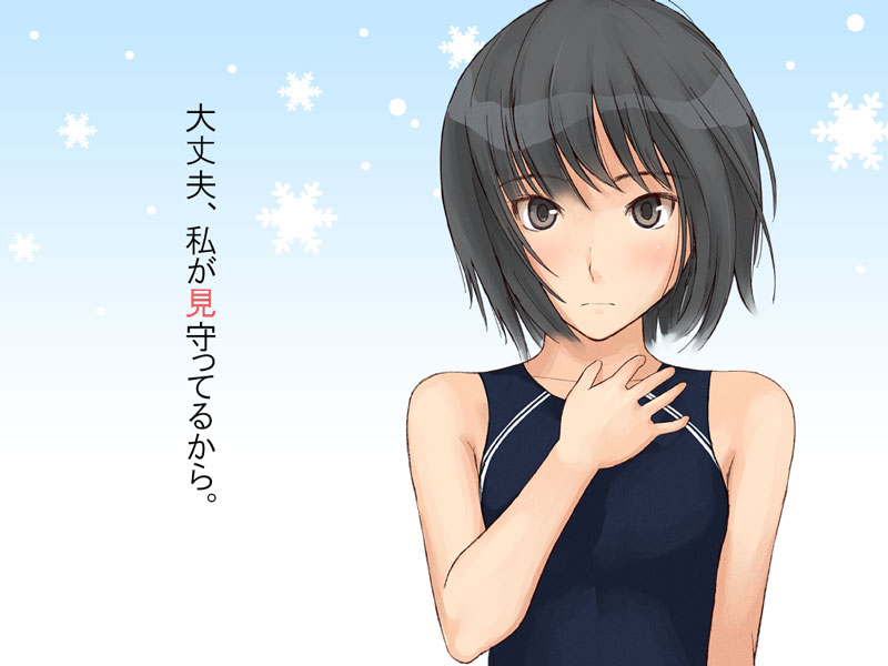 nanasaki ai, amagami, non-web source, translated, bare shoulders, black hair, blush, brown eyes, competition swimsuit, one-piece swimsuit, short hair, snowflakes, solo, swimsuit