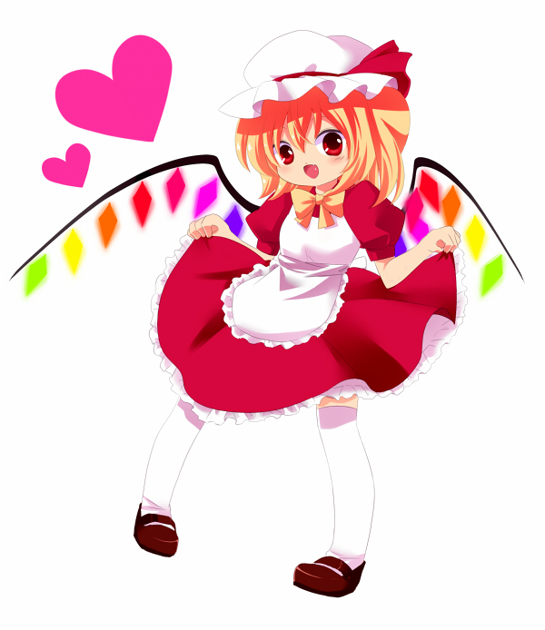 mushi q, flandre scarlet, touhou, bad id, bad pixiv id, 1girl, alternate costume, blonde hair, enmaided, female focus, full body, hat, heart, maid, red eyes, short hair, simple background, solo, white background, wings