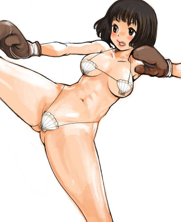 kazaana, original, 1girl, bikini, boxing gloves, breasts, brown eyes, brown hair, fang, female focus, leg lift, navel, shell, shell bikini, short hair, simple background, solo, swimsuit, white bikini