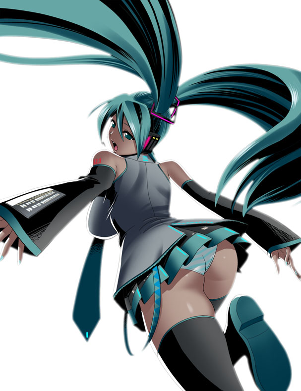 tatsunami youtoku, hatsune miku, vocaloid, 1girl, ass, blue hair, female focus, long hair, solo, thighhighs, upskirt, very long hair
