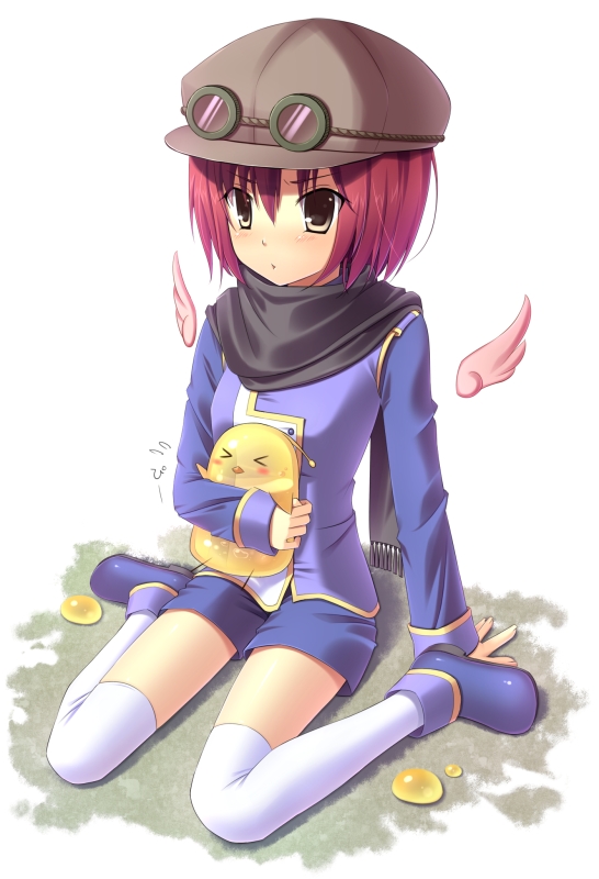 saya (temporubato), ispin charles, tales weaver, > <, 1girl, brown eyes, closed eyes, female focus, full body, goggles, hat, pink hair, solo, thighhighs, white background, wings