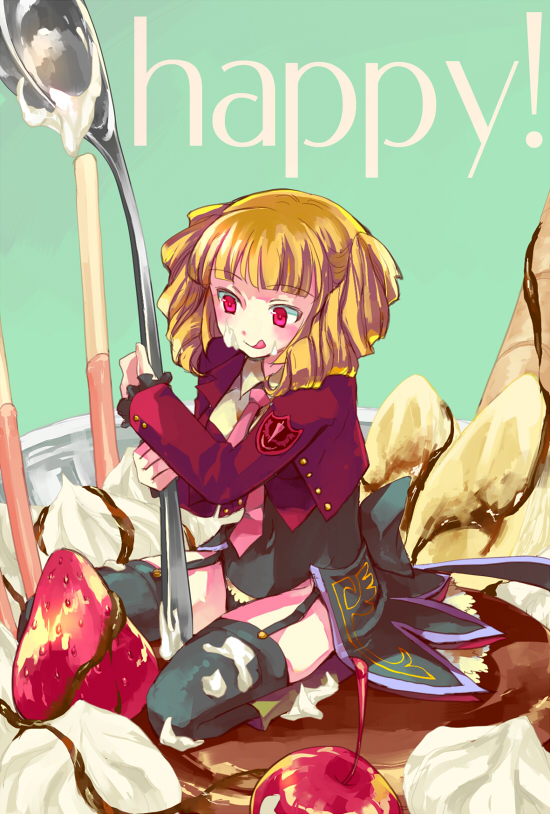kinkirara, queen qko, beelzebub (umineko), umineko no naku koro ni, 00s, 1girl, blonde hair, cake, drill hair, female focus, food, happy, necktie, panties, pastry, pink necktie, solo, thighhighs, underwear