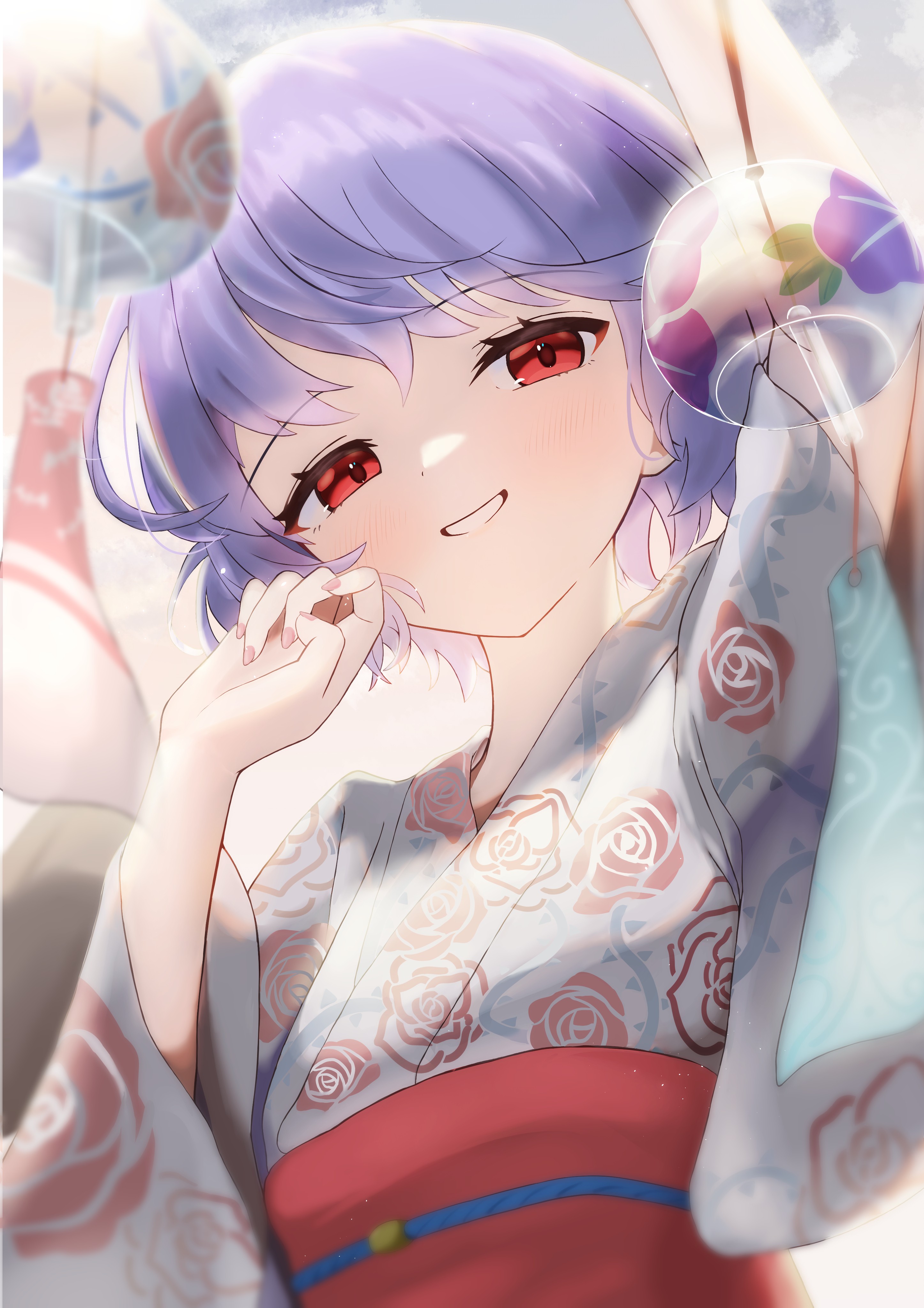 yuwano (yuwanoonsen), remilia scarlet, touhou, absurdres, commentary, highres, 1girl, alternate costume, blush, fingernails, floral print, japanese clothes, kimono, looking at viewer, nail polish, obi, purple hair, red eyes, sash, short hair, smile, solo, upper body, white kimono, wind chime, yukata