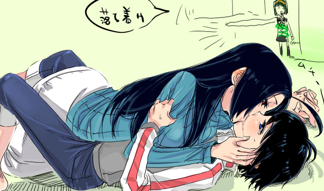 kikuchi makoto, miura azusa, otonashi kotori, idolmaster, idolmaster (classic), idolmaster 1, arm grab, non-web source, 00s, 3girls, ahoge, antenna hair, black hair, blue eyes, couple, denim, eye contact, female focus, girl on top, hand on another's face, holding hands, jacket, jeans, kiss, long hair, looking at another, lying, multiple girls, pants, raglan sleeves, red eyes, saliva, short hair, skirt, tears, turtleneck, walk-in, yuri