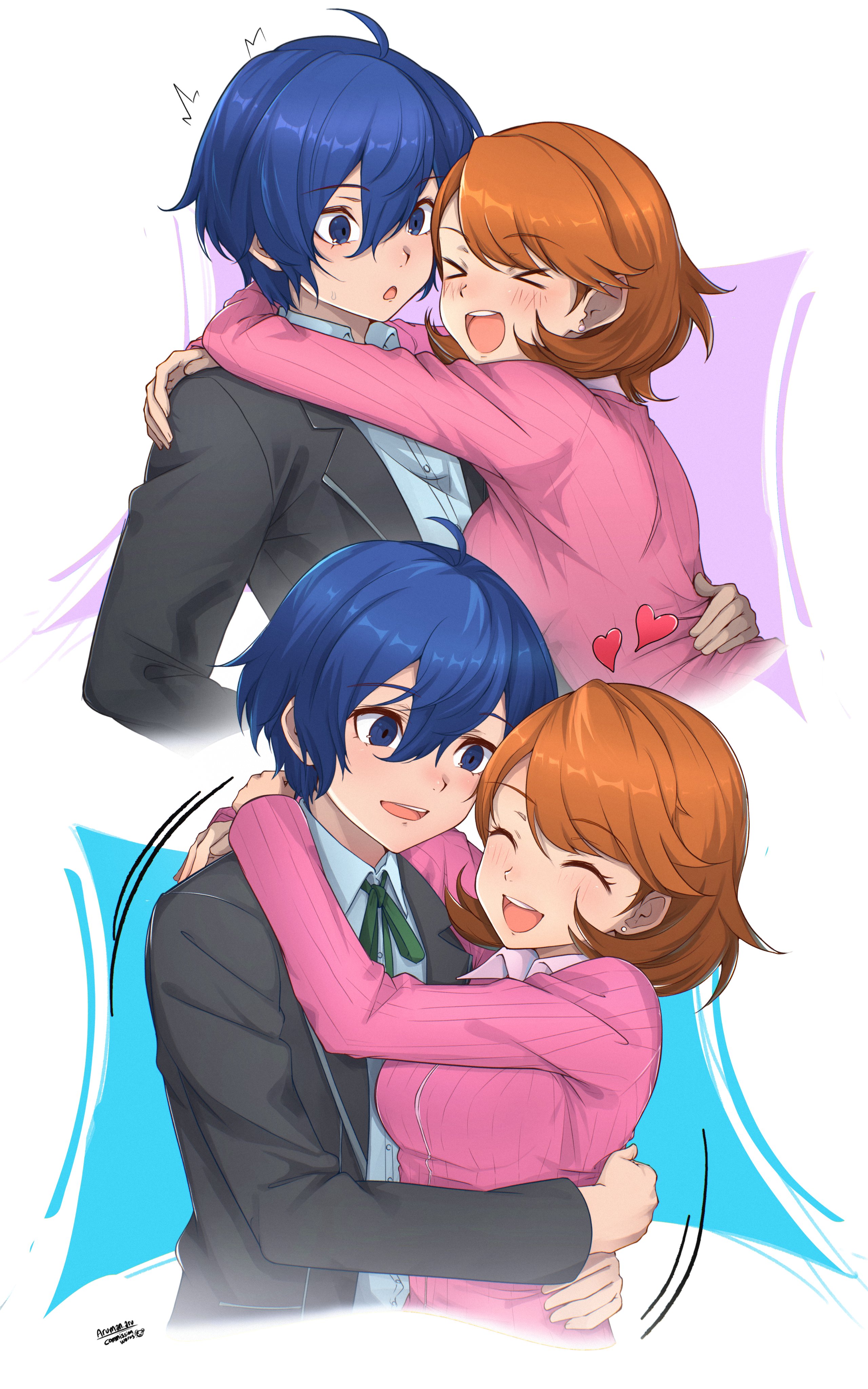 aruman.aru, takeba yukari, yuuki makoto (persona 3), persona, persona 3, absurdres, commentary, english commentary, highres, > <, 1boy, 1girl, ^^^, arms around neck, birthday, black jacket, blue eyes, blue hair, blush, breasts, brown hair, cardigan, closed eyes, collared shirt, couple, earrings, facing another, flipped hair, gekkoukan high school uniform, hair between eyes, hand on another's back, happy, heart, hetero, hug, jacket, jewelry, leaning on person, long sleeves, looking at another, medium breasts, motion lines, neck ribbon, open clothes, open jacket, open mouth, pink cardigan, ribbed cardigan, ribbon, school uniform, shirt, short hair, smile, stud earrings, surprised, sweatdrop, swept bangs, upper body, white shirt, zipper