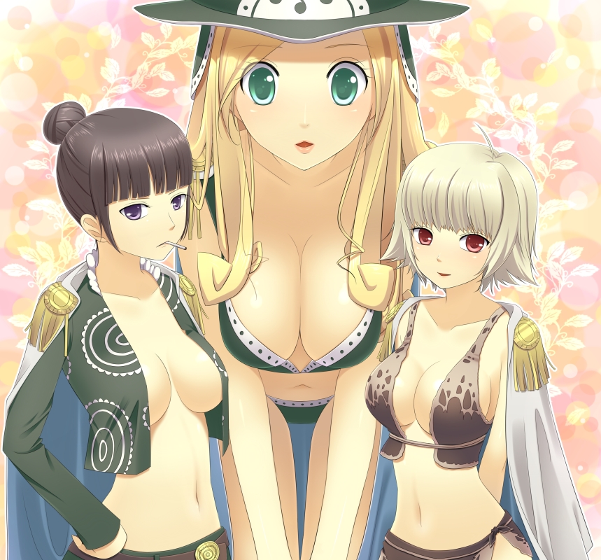 saya (temporubato), aphelandra, marguerite (one piece), rindou (one piece), one piece, 3girls, alternate hair color, amazon lily, amazon warrior, black hair, blonde hair, breasts, cape, cigarette, cleavage, epaulettes, female focus, giant, giantess, green eyes, hair bun, hat, large breasts, long hair, multiple girls, navel, purple eyes, red eyes, short hair, single hair bun, smoking, white hair
