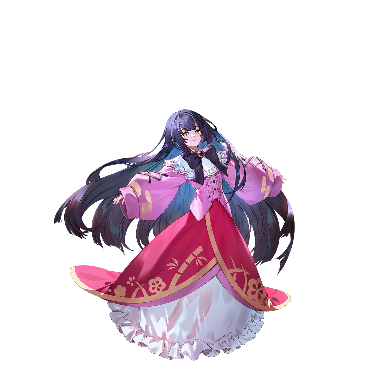 u u zan, houraisan kaguya, touhou, touhou gensou eclipse, clothing request, game cg, highres, non-web source, official art, second-party source, 1girl, adapted costume, bamboo print, black bow, black bowtie, black hair, bow, bowtie, brooch, center frills, closed mouth, cloud print, egasumi, frills, full body, jewelry, long hair, long skirt, long sleeves, looking at viewer, pink shirt, print shirt, shirt, skirt, smile, solo, transparent background, very long hair, white skirt, wide sleeves, yellow eyes